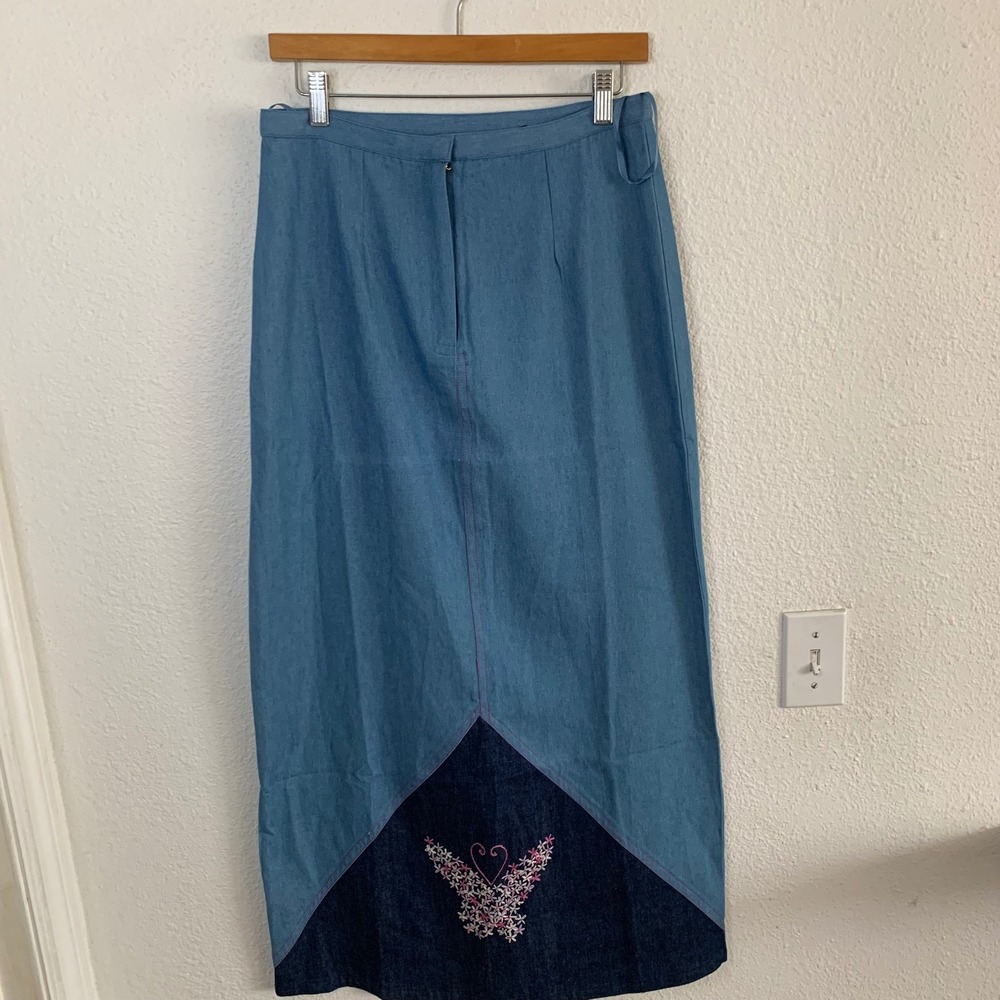Funky People Vintage Maxi Skirt Butterfly Embroidered Two Tone Blue Size M
